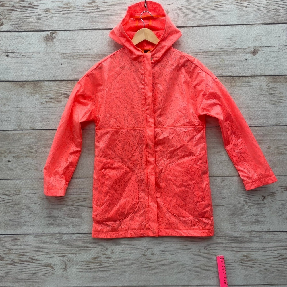 ASOS Bright Coral Rain Coat Jacket Lace Stylish Hooded Safety Running XS/S Euro